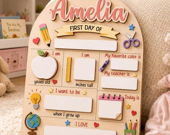 Personalized First Day of School Board, Wooden Back to School Milestone Sign, Kids School Photo Prop, Custom Name Classroom Keepsake Gift