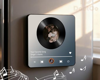 May include: A square refrigerator magnet with a gradient gray and black design. The magnet features a vinyl record design with a photo in the center. The text "Your Favorite Song Singer's Name" is printed on the bottom. Musical notes are drawn around the magnet.