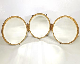 Victorian Tri-Fold Mirror with Brass Frame, Wall Hanging or Standing Triple Beveled Mirror