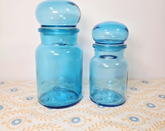 Vintage Blue Glass Apothecary Jars with Bubble Lids - Made in Belgium, Set of 2