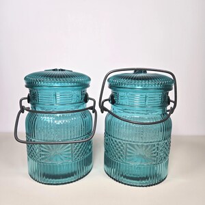 May include: Two matching turquoise glass jars with lids and metal handles. The jars have a ribbed design with decorative starburst patterns. The lids are also ribbed and have a small knob. The metal handles are dark gray.