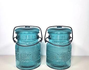 Avon  Turquoise Glass Canning-Style Jar with Wire Bail Handle, Vintage.
