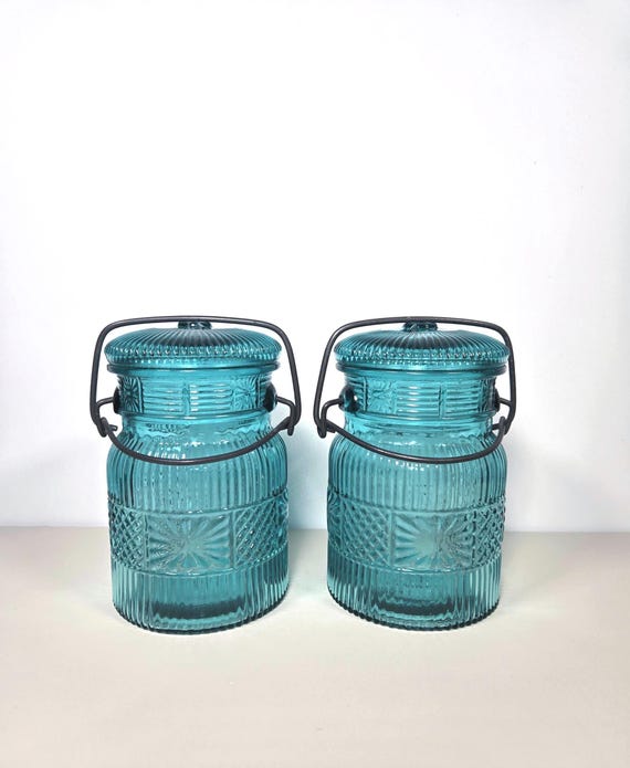 Avon  Turquoise Glass Canning-Style Jar with Wire Bail Handle, Vintage.