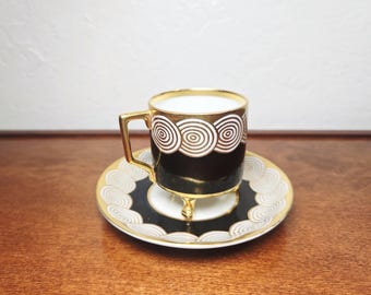 Vintage Mitterteich Demitasse Cup and Saucer Set: Black & Gold Porcelain, Germany
