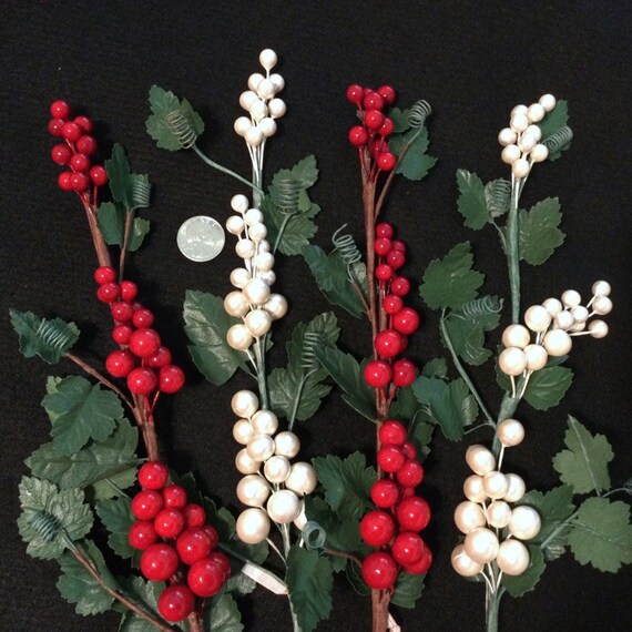 Craft Supply, 4 Floral Berry Picks, Red/white/green, Christmas Crafts,  Winter Decor, Made in Korea 