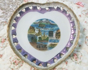 New Orleans Plate, Heart Shaped, Reticulated Rim China Wall Art, 6 1/4 Inches wide, Original Sticker, Ready to Hang, Collectible