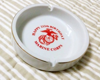 Marine Corps Ashtray, Military Barware, Vintage Ashtray, Marine Corps Birthday Souvenir Ashtray, 1987 Ceramic, Memorabilia