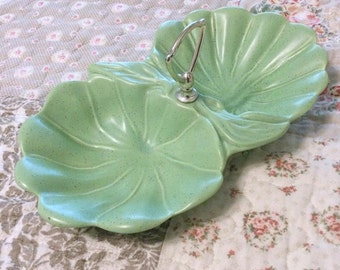 1960's California Pottery, Made in USA, Number R-21-18-B, Green Speckled Pottery, Divided Dish, 2 sections, Silver Color Metal Handle