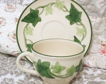 Franciscan Footed Coffee Cup and Saucer, Ivy Pattern, 1970's Vintage Kitchenware, Made in USA, Nice Condition