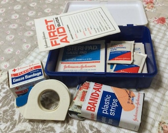 First Aid Kit, Johnson & Johnson Auto-Travel, 1970's Metal Band Aid Box, Gauze, Band Aids and more, Collectible Memorabilia