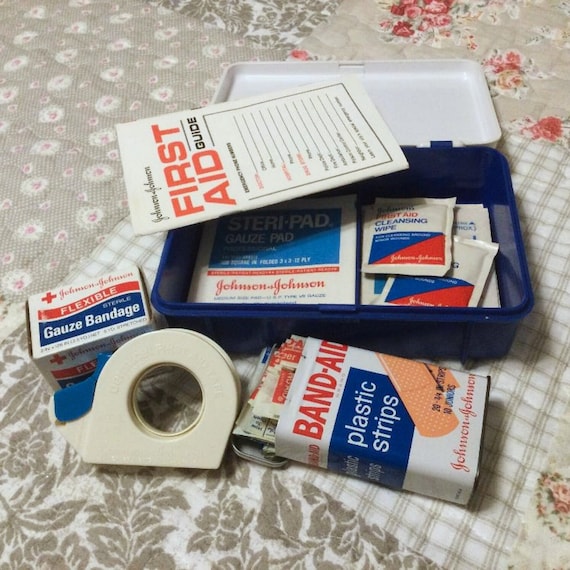 First Aid Kit, Johnson & Johnson Auto-travel, 1970's Metal Band Aid Box,  Gauze, Band Aids and More, Collectible Memorabilia 