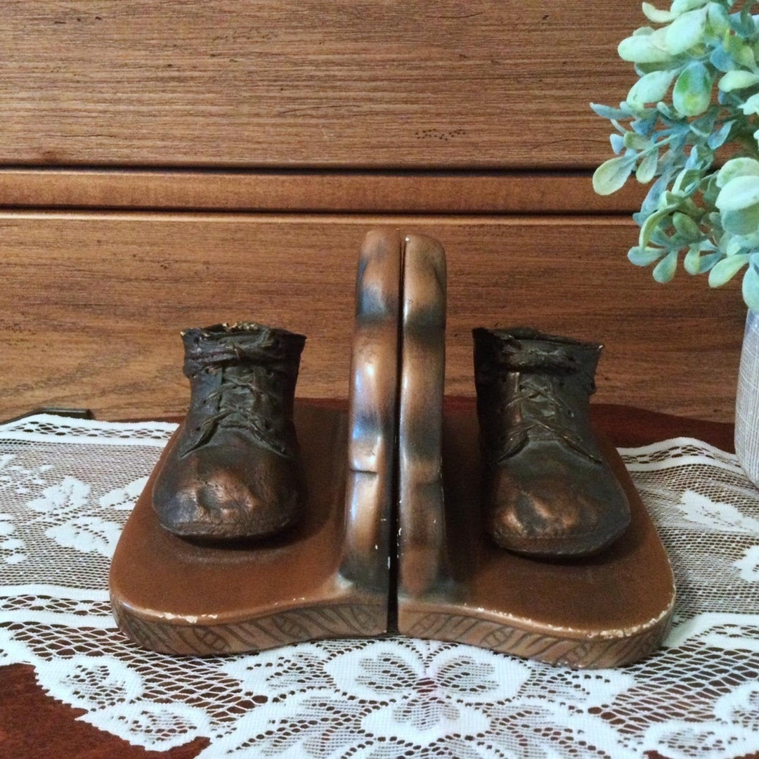 Bronze Baby Shoes on Chalkware Bookends FREE Shipping Mid Etsy