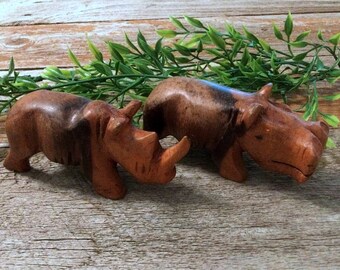 Wood Hippo and Rhino, Two Carved Wooden Animals, Collectible Figurines