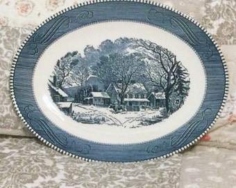 Currier & Ives Platter by Royal China Company, Blue and White, Winter Scene is Old Inn, Vintage Farmhouse Cottage Housewares, Kitchen Decor