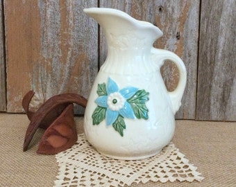 Pottery Pitcher with Blue Flower, Cottage Farmhouse Style, Made in USA, 1940's Vintage Kitchen