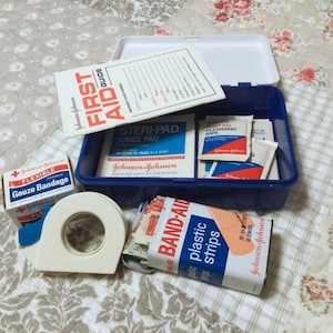 First Aid Kit, Vintage 70's Johnson & Johnson Auto-Travel, Metal Band-Aid Box, Gauze, Band-Aids and more, Collectible Memorabilia