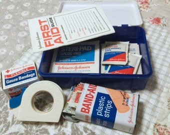 Vintage 70s Johnson & Johnson Auto-Travel First Aid Kit: Metal Band-Aid Box