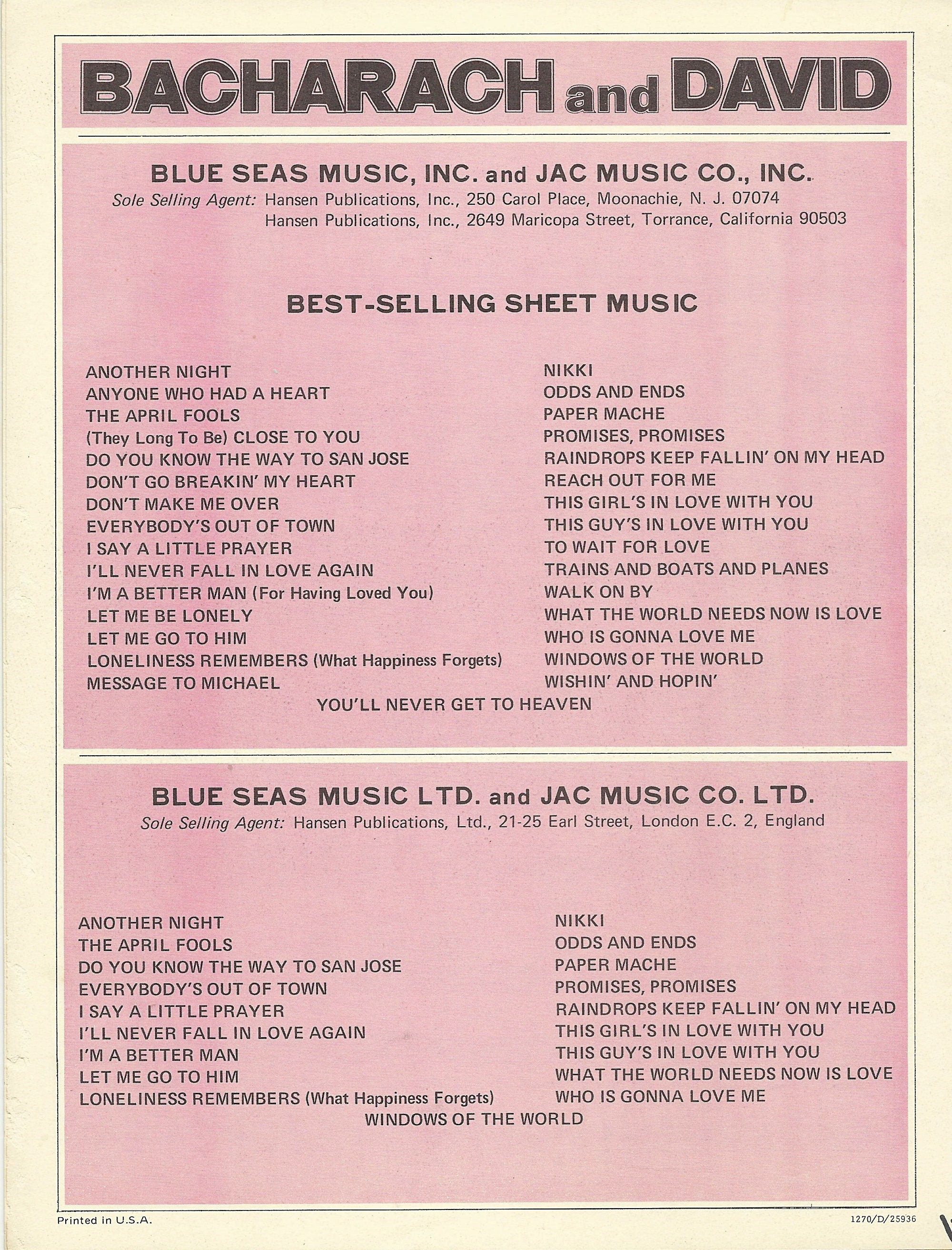 Music Sheet, the Fifth Dimension Music Sheets, One Less Bell to Answer, Burt Bacharach Music