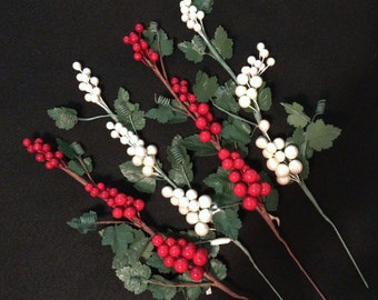 Craft Supply, 4 Floral Berry Picks, Red/White/Green, Christmas Crafts, Winter Decor, Made in Korea