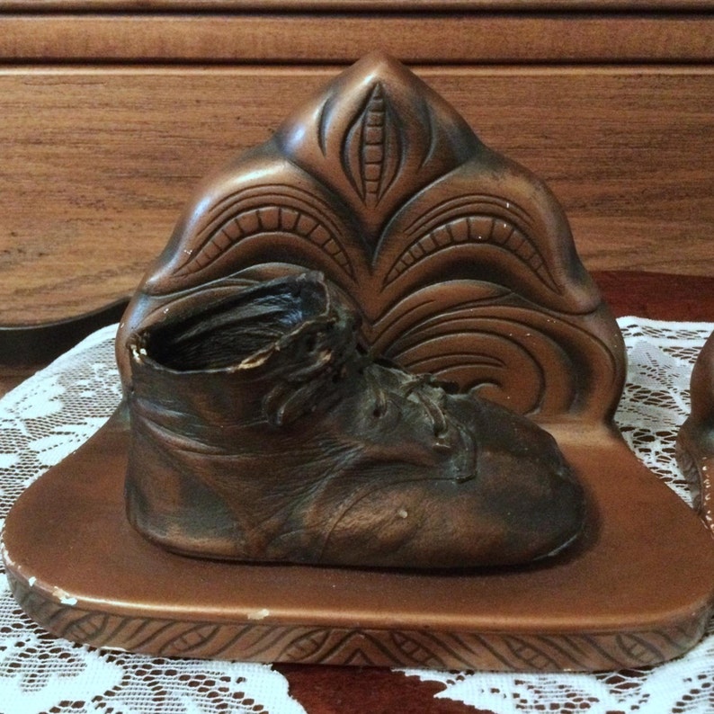 Bronze Baby Shoes on Chalkware Bookends Mid Century Etsy