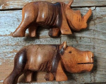 Wood Hippo and Rhino, Two Carved Wooden Animals, Collectible Figurines