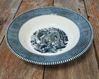 Currier & Ives Vegetable Bowl, Blue and White, Winter Scene is "Maple Sugaring", Vintage Farmhouse Cottage Housewares, Kitchen Decor