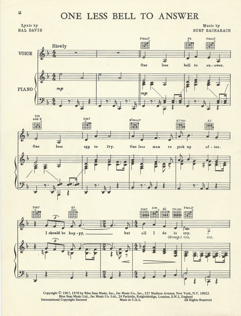 Music Sheet, the Fifth Dimension Music Sheets, One Less Bell to Answer, Burt Bacharach Music