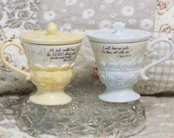 2 Teacups with Lids by MICHEL & Company, 1990's My Help Cometh From the Lord Lidded Teacups, 1 Yellow and 1 Blue, Collectible