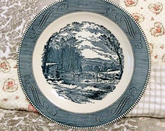 Royal China Currier & Ives Chop Plate, 11 1/4 inches across, Blue and White, Winter Scene Cutting Ice, Vintage Kitchen Cottage Housewares