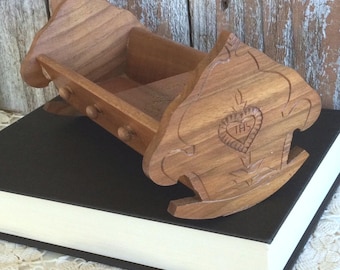 Vintage Wooden Rocking Cradle Music Box, Reuge Swiss Movement, Wedding March Tune