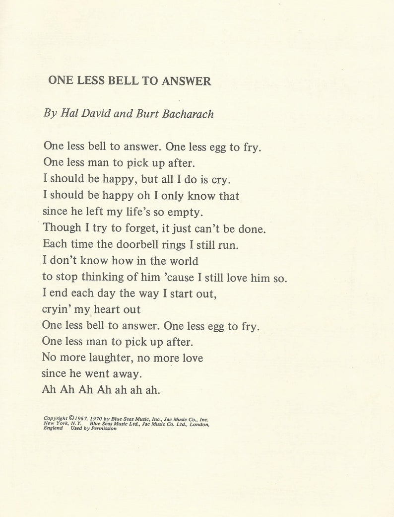 Music Sheet, the Fifth Dimension Music Sheets, One Less Bell to Answer, Burt Bacharach Music