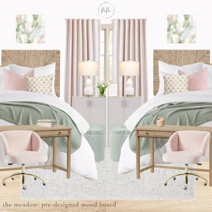 Voorontworpen slaapzaal The Meadow, studentenslaapzaal, pastelaccenten, ontwerp meisjesslaapzaal, klikbare winkellinks