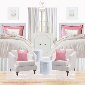 Dormitorio prediseñado con un hermoso paisaje, dormitorio universitario, tablero de inspiración prediseñado, color rosa, arte paisajístico, enlaces de compras interactivos