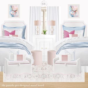 Dormitorio prediseñado de The Pastels, dormitorio universitario, tablero de inspiración prediseñado, diseño en colores pastel, enlaces de compras interactivos