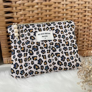 Pochette plate matelassée et doublée coton imprimé animal léopard, personnalisation possible