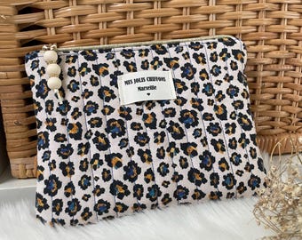 Pochette plate matelassée et doublée coton imprimé animal léopard, personnalisation possible
