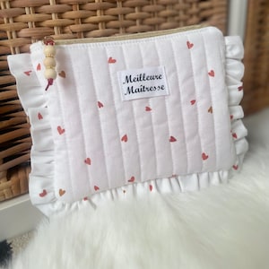 Pochette plate à froufrou matelassée et doublée coton imprimé coeur rouge, personnalisation possible