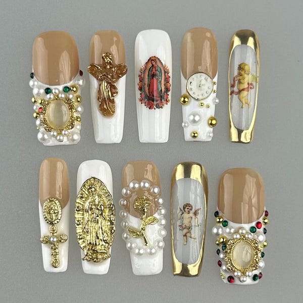 Luxury Gemstone Palace Rectangular Nails, Virgin Mary Vintage Nails, Gold Elegant Nails, Pure White Wedding Nails, Party Birthday Nails