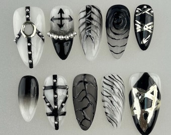 Silver 3D Chrome Nails/Black Gothic Press On Nails almond nails/Sun Star Nails/Halloween Nails/Gothic Nails/Metallic Silver Nails/Gyaru Nail