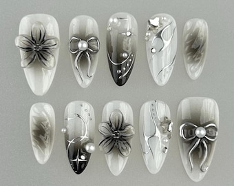 Y2K Silver 3D Chrome Nails/Black Ombre Gothic Press on nails almond nails/Birthday Nails/Bow Nails/Gothic nails/Holiday Nails