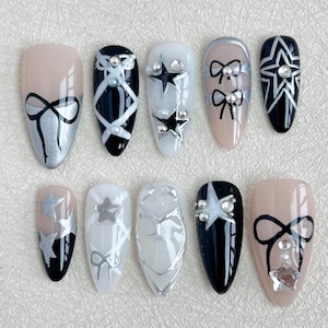 Silver 3D Chrome nails,Black Press On Nails almond nails,Metallic silver nails,Gyaru nail,Y2K Star Nails,Ballet Bow Nails,Cool Girl Nails