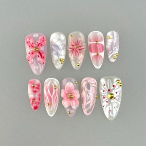 3D Flower FreeStyle Medium Almond Press On Nails, 3D Gel flower, ombre pink color, marle nai, lily flower nails, Summer nails, Pink nails