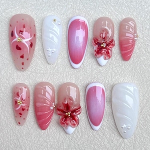Sakura Pink Romantic Nails, Pink and White Gradient Nails, 3D Hand-pinched Flower Nails, Milky White Nails, Holiday Spring Nail Set Design
