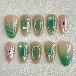 Gilded Green Nail Art, Luxe Jade Press On ,Opulent Green Fake Nails,Emerald Elegance nails,Birthday Nails,Sun Star Nails,wedding nails gift