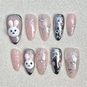 Adorable Pink Bunny Press On Nails With 3D Flowers and Bows, Handmade Kawaii Nail Art, Cute Pink Nail Sets, Wedding Nails, Easter Day Nails