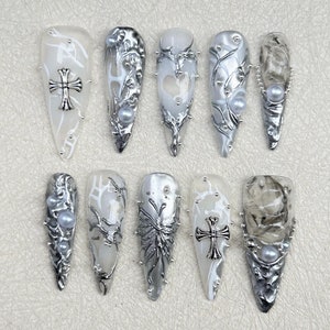 Mystical White Press On Nails,Silver Enigmatic Patterns, Artistic Nails with High Quality,Goth, Gothic,Y2K Inspired Nail Art