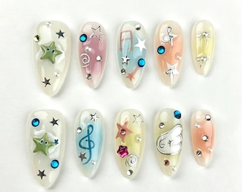 Green Gradient Press-On Nails with Stars, Star nails, Hand painted Fake Nails, Bule nails, Y2K Nails, Birthday Nails
