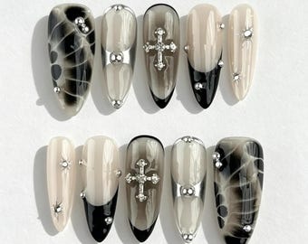 Chrome Star Nails – Gothic Black Chrome Press-On Set with Stars & Rhinestones, 3D Charms and Star, Trendy Hot Girl, Dark Punk Cross Nail