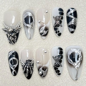Gothic Black and White Press-On Nails with Silver 3D Accents Nails,Punk Rock Designs for a Bold, Dramatic Perfect for Unique Style Stat