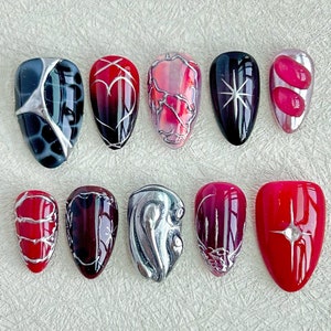 Graffiti Red Black Hand Painted Nail, Silver 3D Chrome Nails,Birthday Nails,Sun Star Nails,Burgundy Nails,Black Gothic Press On Nails